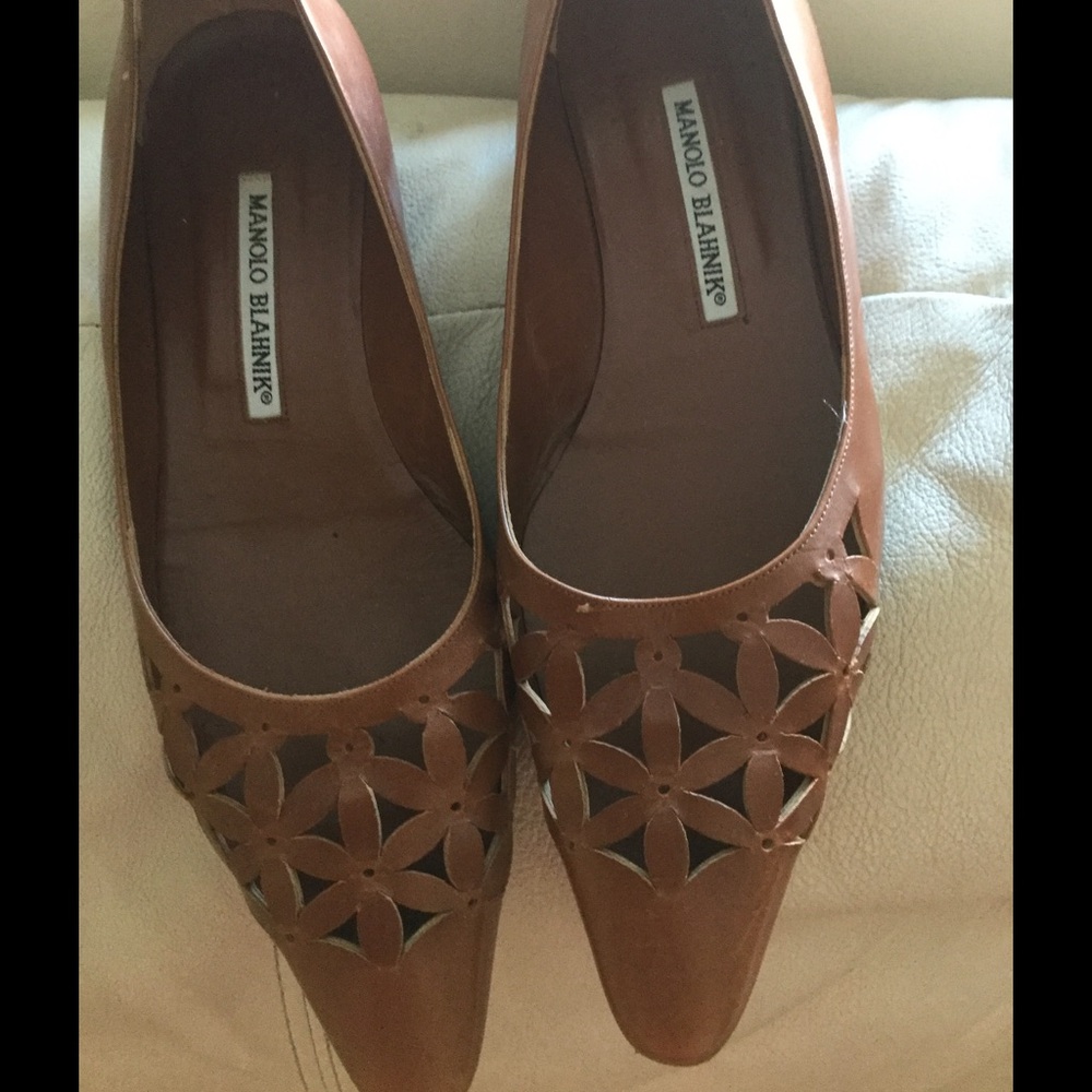 Manolo Blahnik Brown Floral Cutout Flats